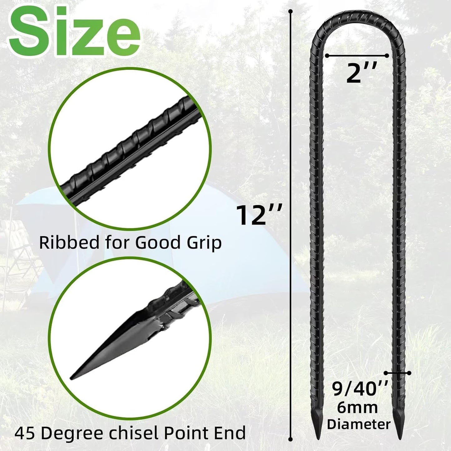 Black Trampoline Stakes Anchors High Wind 12inx6mm Galvanized U Hook 20pcs Rebar Stakes – Heavy Duty Ground Anchors for Trampoline,Yard & Inflatable,Landscape Metal Stakes for Outdoor Decorations