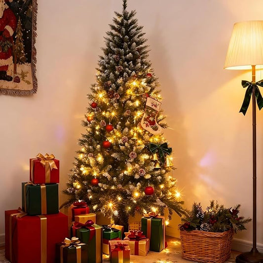 GAOMON 4.5 ft Pre-Lit Christmas Tree with Pine Cones & 150 LEDs & 352 Tips - Hinged Stand PVC Holiday Trees Decor for Home/Office/Party，White