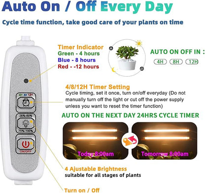 Grow Light Two Heads, Strip Growing lamp, Full Spectrum Grow Light Strips for Indoor Plants with Auto ON/Off Timer & 4 Dimmable Levels, Led Grow Lamp for Green House Hydroponics Succulent