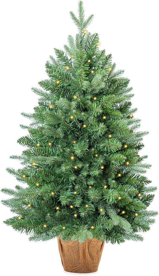 3FT Pre-lit Artificial Mini Christmas Tree, Tabletop Christmas Tree, 50 LED Lights and Cloth Bag Base, Perfect for Indoor Outdoor Decoration