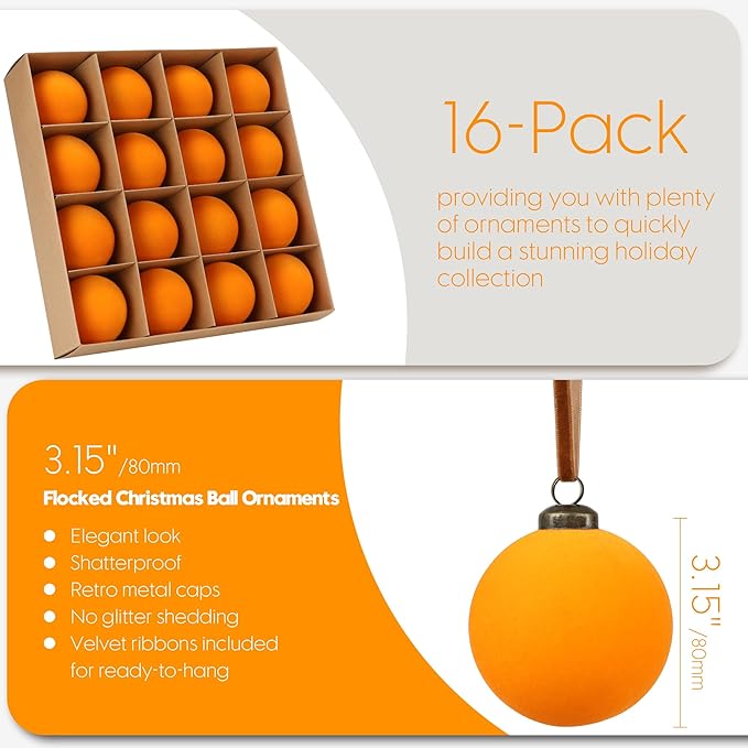 Sea Team 16-Pack Flocked Velvet Christmas Tree Ball Ornaments Set, Hanging Velour Baubles, Shatterproof Plastic Decorations for Xmas Tree, Wreath, Garland, 80mm/3.15 Inches, Orange