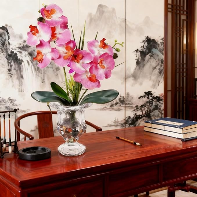 Jusdreen Artificial Purple Orchid Centerpiece, 14.5 Inch Phalaenopsis in Glass Vase with Potting for Home Office Table Decor, Realistic Orchid Arrangement