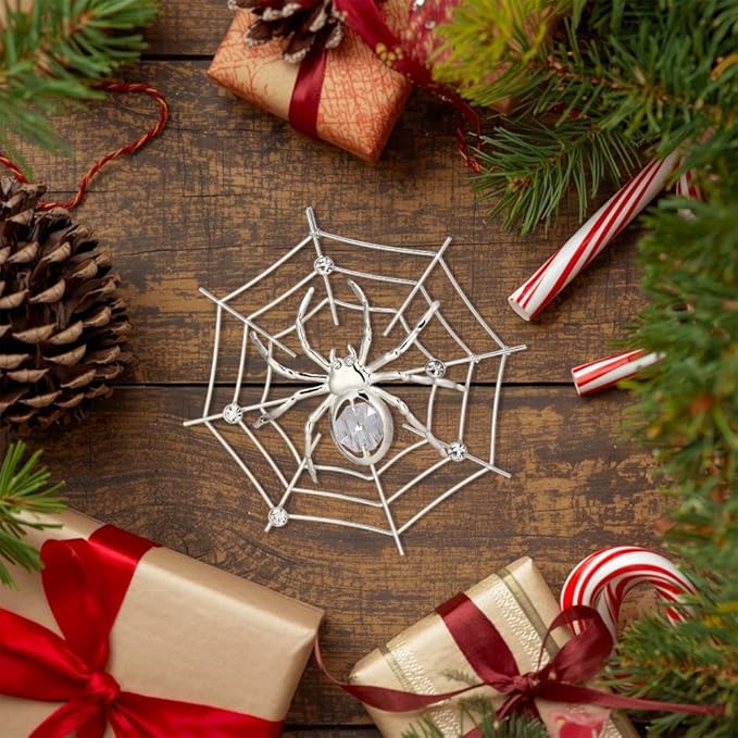 Matashi Silver Plated Christmas Tree Spider Ornament w Clear Crystals Lucky Hanging Decoration, Holiday Ornament Gift, Unique Spider Decor for Christmas & Halloween Party w Tinsel Legend Story
