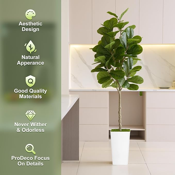 Artificial Fiddle Leaf Fig Tree 6ft - Realistic Tall Fake Plants for Office Home Living Room Bedroom Decor Indoor Outdoor - Green Large Silk Faux Floor Plant with Pot