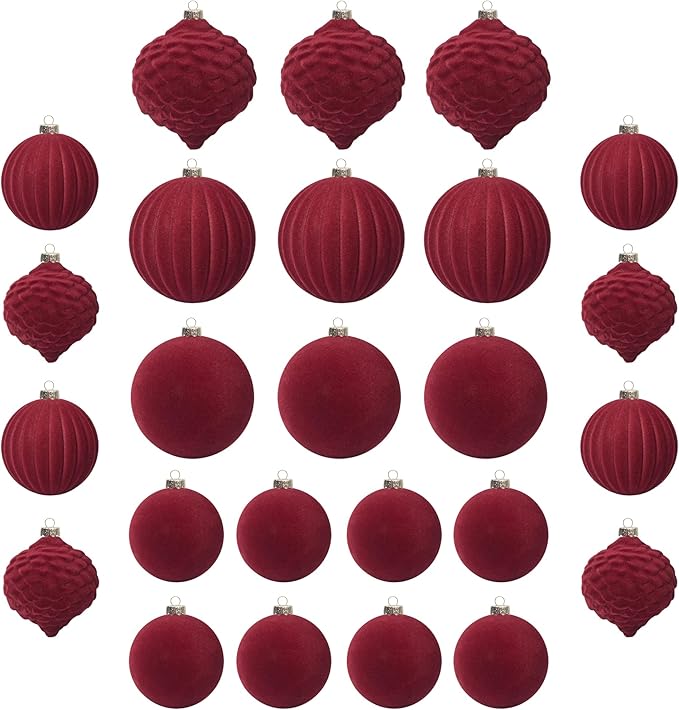 KI Store Velvet Christmas Balls Burgundy 25pcs Flocked Christmas Tree Ornaments Assortment for Xmas Tree Holiday Decor