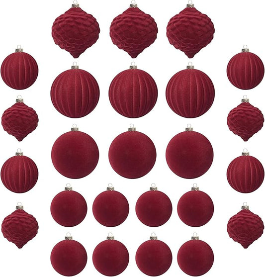 KI Store Velvet Christmas Balls Burgundy 25pcs Flocked Christmas Tree Ornaments Assortment for Xmas Tree Holiday Decor