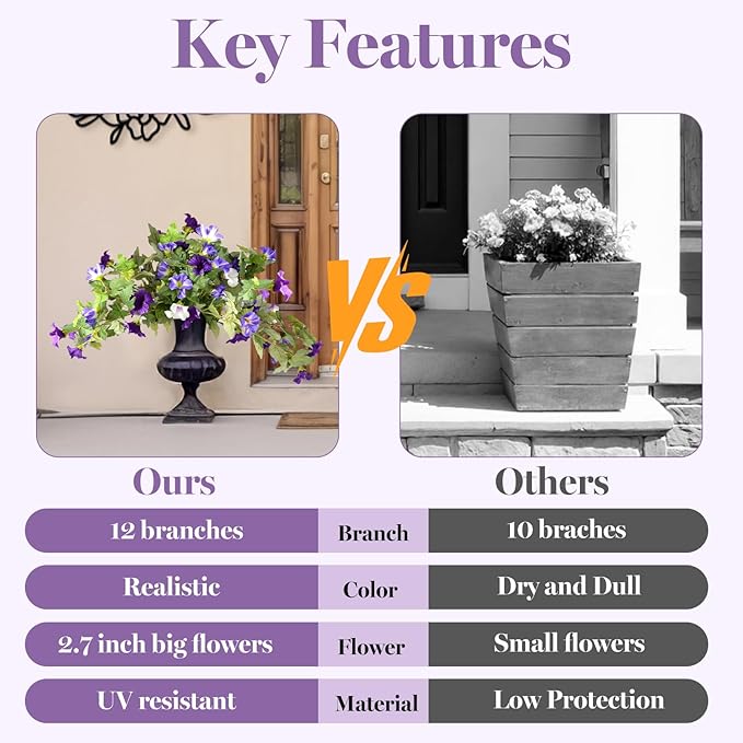 Artificial Morning Glory Fake Flowers for Outdoor Planter Decoration, 2 Pcs Petunias Realistic UV Resistant Faux Silk Flowers for Garden Balcony Porch Indoor Decor (Purple White)