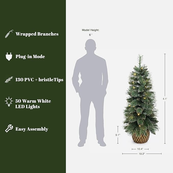 LuxenHome 4FT Small Christmas Tree, Prelit Slim Potted Artificial Christmas Trees with 50 Warm White LED Lights, Realistic Faux Pine Tree with Rattan Style Pot for Entrance, Hallway Display