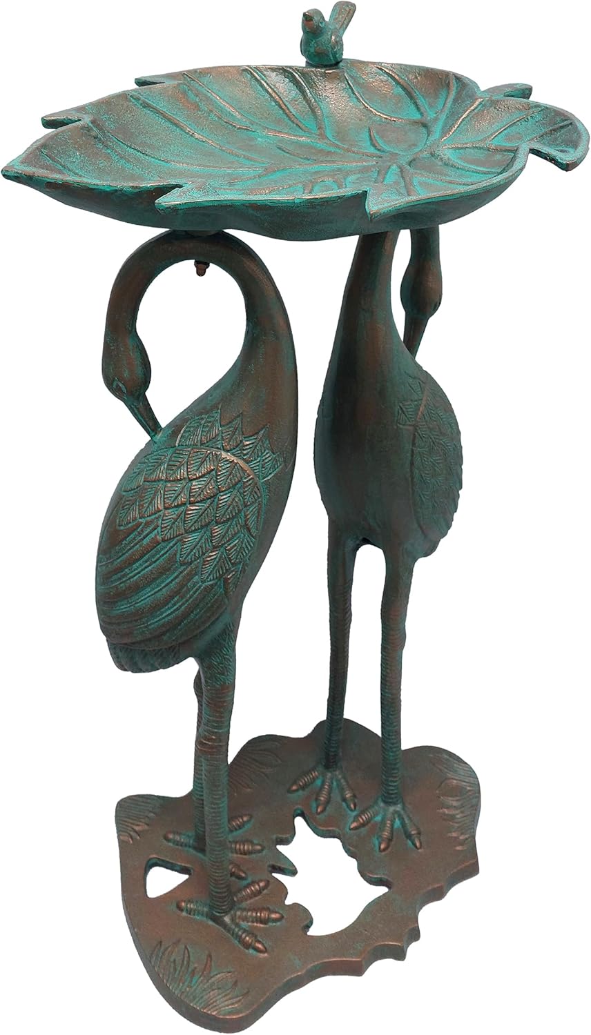 Oakland Living Cast Aluminum 30-in Twin Crane Copper Patina Bird Bath with Leaf Bowl