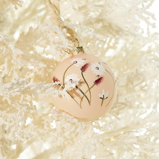 DN DECONATION Christmas Ball Hanging Ornaments Set of 4 – 3.14” Pink Glass Balls Hand-Painted with Flowers and Green Leaves, Elegant Christmas Decorations for Tree, Holiday Decor & Wedding