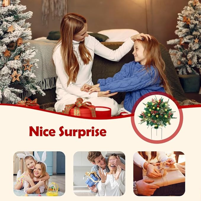 Artificial Christmas Urn Filler with LED Lights, 2026 Upgraded Pre-lit Christmas Tree Planter Filler, Holiday Greenery with Pinecones Berries, Pot Fillers Outdoor Front Porch Xmas Decor (16 in)