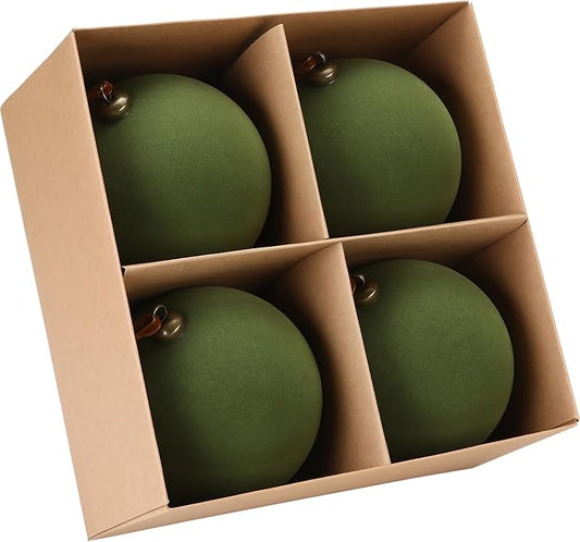 Sea Team 4-Pack Large Flocked Velvet Christmas Tree Ball Ornaments Set, Hanging Velour Baubles, Shatterproof Plastic Decorations for Xmas Tree, Wreath, Garland, 150mm/5.91 Inches, Olive Green