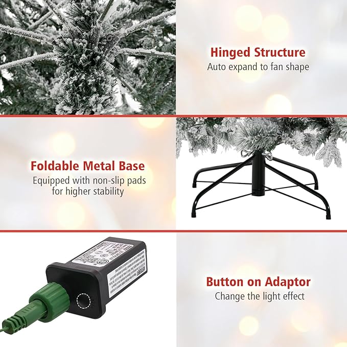 HAPPYGRILL 7 FT Pre-lit Artificial Christmas Tree, Snow-Flocked Xmas Tree with 320 Multi-Color LED Lights, 8 Lighting Modes, 1270 Branch Tips, Pine Needles, Hinged Tree for Home Office Party