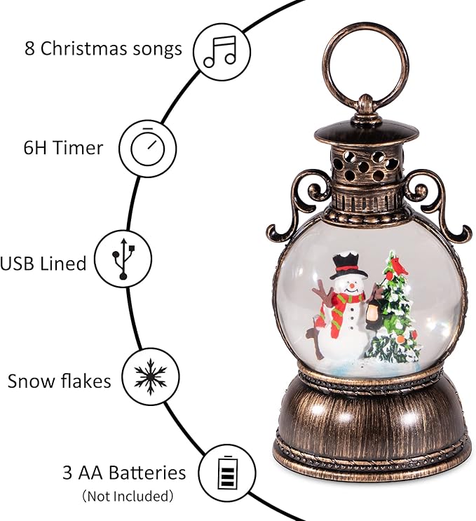 Christmas Snow Globes, Glittering Christmas Music Box Snowman Christmas Trees with 8 Songs & 6H Timer, USB Powered & Battery Operated Christmas Lanterns for Indoor Holiday Table Party Gifts
