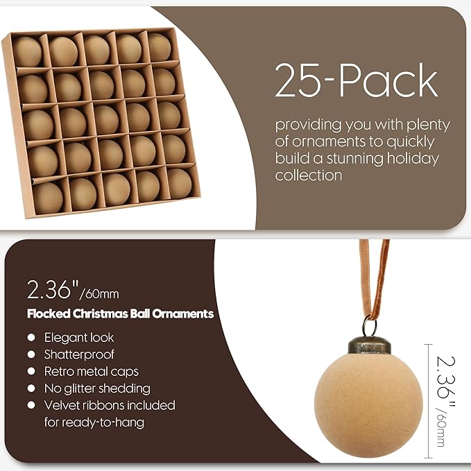 Sea Team 25-Pack Flocked Velvet Christmas Tree Ball Ornaments Set, Hanging Velour Baubles, Shatterproof Plastic Decorations for Xmas Tree, Wreath, Garland, 60mm/2.36 Inches, Beige