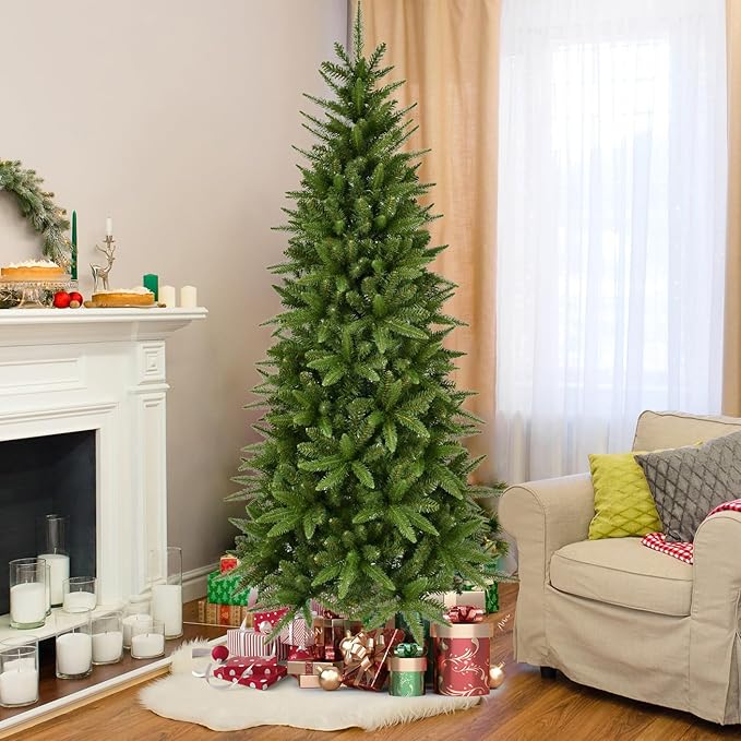 7ft Artificial Pencil Christmas Tree Hinged Realistic Slim Xmas Tree w/Sturdy Metal Stand, Fake Christmas Tree with 1180 Tips for Home, Office, Party Decoration Indoor