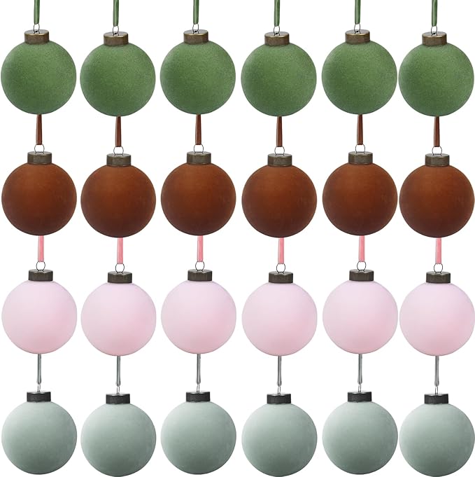 24 Pcs Velvet Christmas Balls Bulk Shatterproof Plastic Christmas Tree Decorations for Decorative Hanging Baubles (24, Green、Brown、Pink、Haze Blue, 2.36Inch)