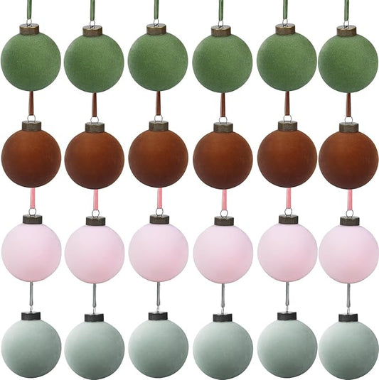 24 Pcs Velvet Christmas Balls Bulk Shatterproof Plastic Christmas Tree Decorations for Decorative Hanging Baubles (24, Green、Brown、Pink、Haze Blue, 2.36Inch)