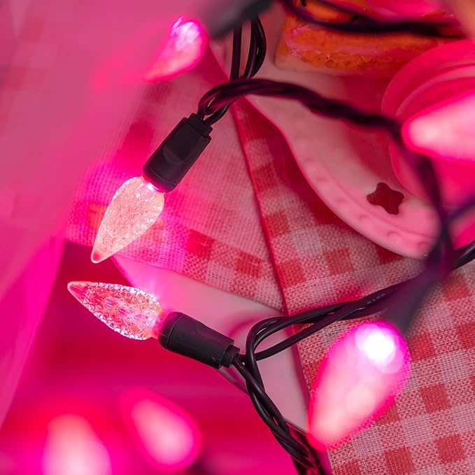 YULETIME Pink One-Piece C6 Strawberry Christmas Lights 140 Count 71 Feet, 2 Sets 70 LED 35.5 ft High Waterproof UL Certified String Light (Pink)