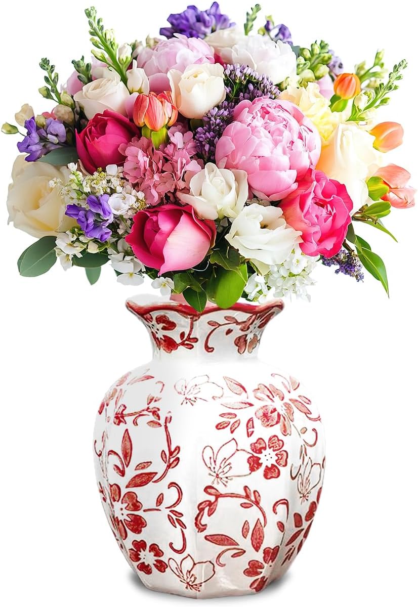 Chinoiserie Vase,Red and White Vase,Vintage Ceramic Vases,Flower Vase for Centerpiece,Chinese Cute Vases for Living Room, Office,Home Decor (Red White, Small)