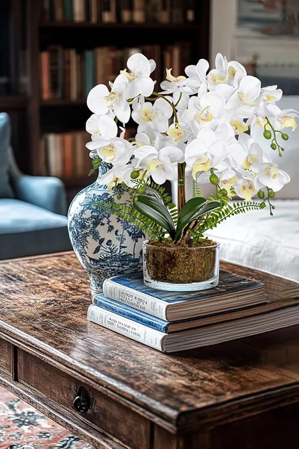 White Orchids Artificial Flowers 16.5" Faux Orchids Plant in Pot Fake Flower Arrangements with Glass Vases White Centerpieces for Kitchen Dining Room Tables Bathroom Nightstand Shelf Desk Decor