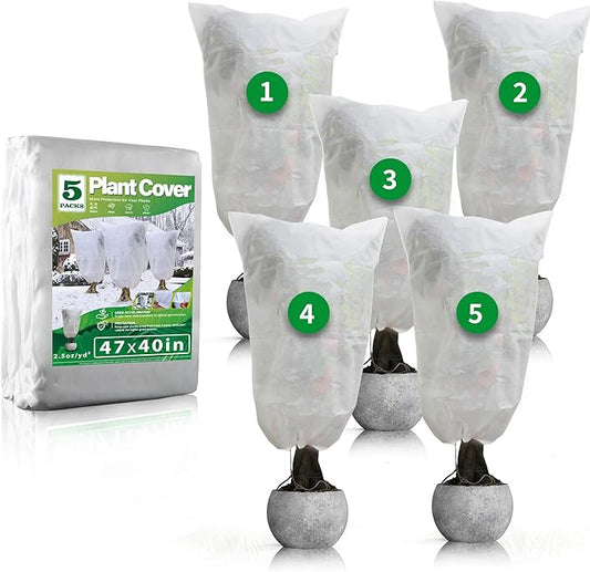 Avalution Plant Covers Freeze Protection, 5 Packs Frost Cloths for Outdoor Plants, 40" X47" Reusable Frost Blankets, 2.2oz Tree Cover Freeze Protection Drawstring Bags for Potted Shrub