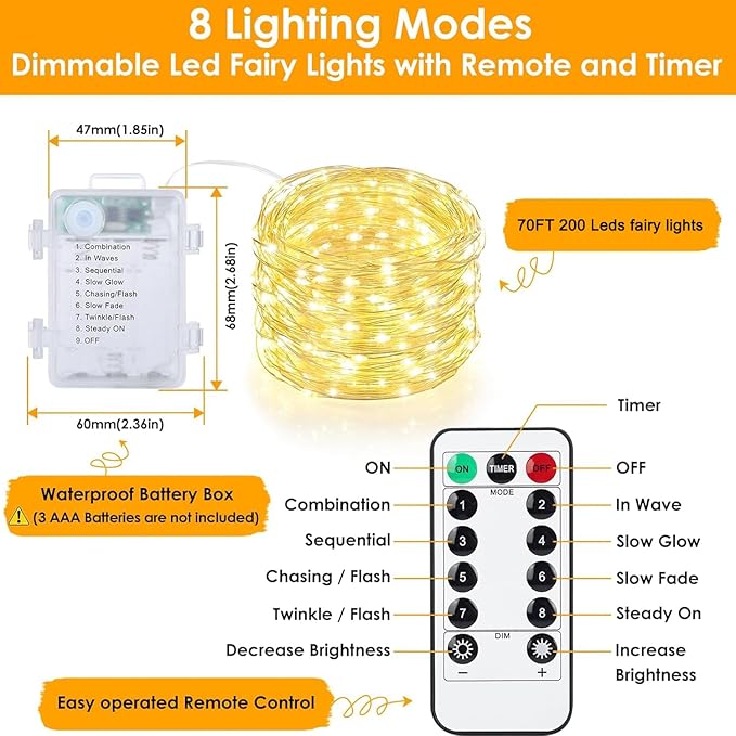 Upgraded 70Ft 200 LED Fairy Lights Battery Operated with Remote & Timer, Waterproof Christmas String Lights Outdoor Indoor, Battery Twinkle Lights for Bedroom, Classroom, Xmas, Parties, Wedding, Decor