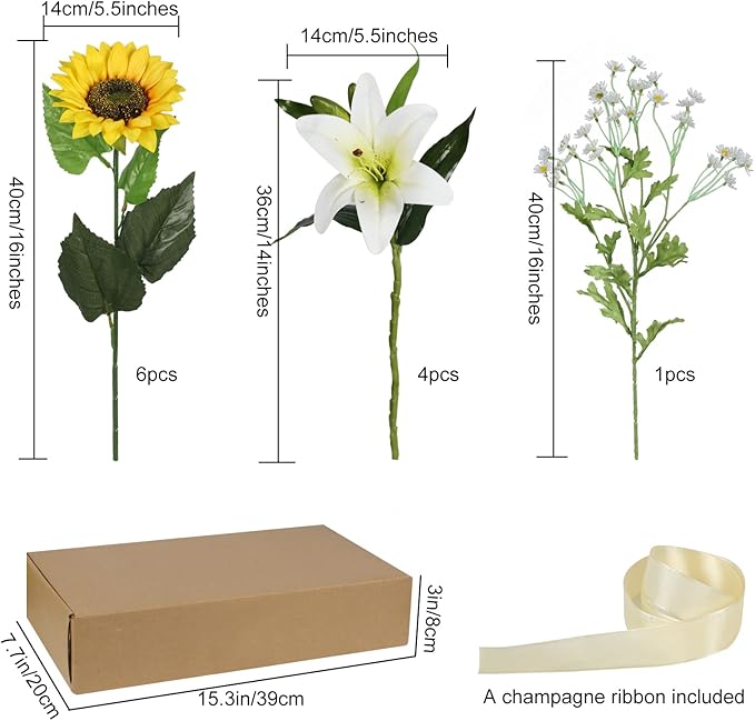 HUAESIN Artificial Sunflowers Faux Sunflowers Bouquet with Tiger Lilies Silk Flower Arrangements for Home Baby Shower Living Room Farmhouse Table Centerpieces Cemetery Flowers for Graves