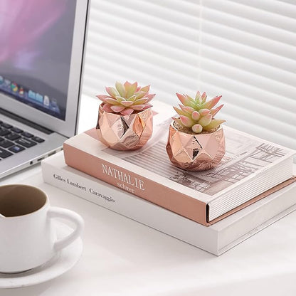 Tiita Artificial Faux Succulents in Pots, Mini Rose Gold Fake Plants for Women Desk, Small Realistic Faux Succulents for Home Office Accessories Window Sill Bathroom Bedroom, Rose Gold
