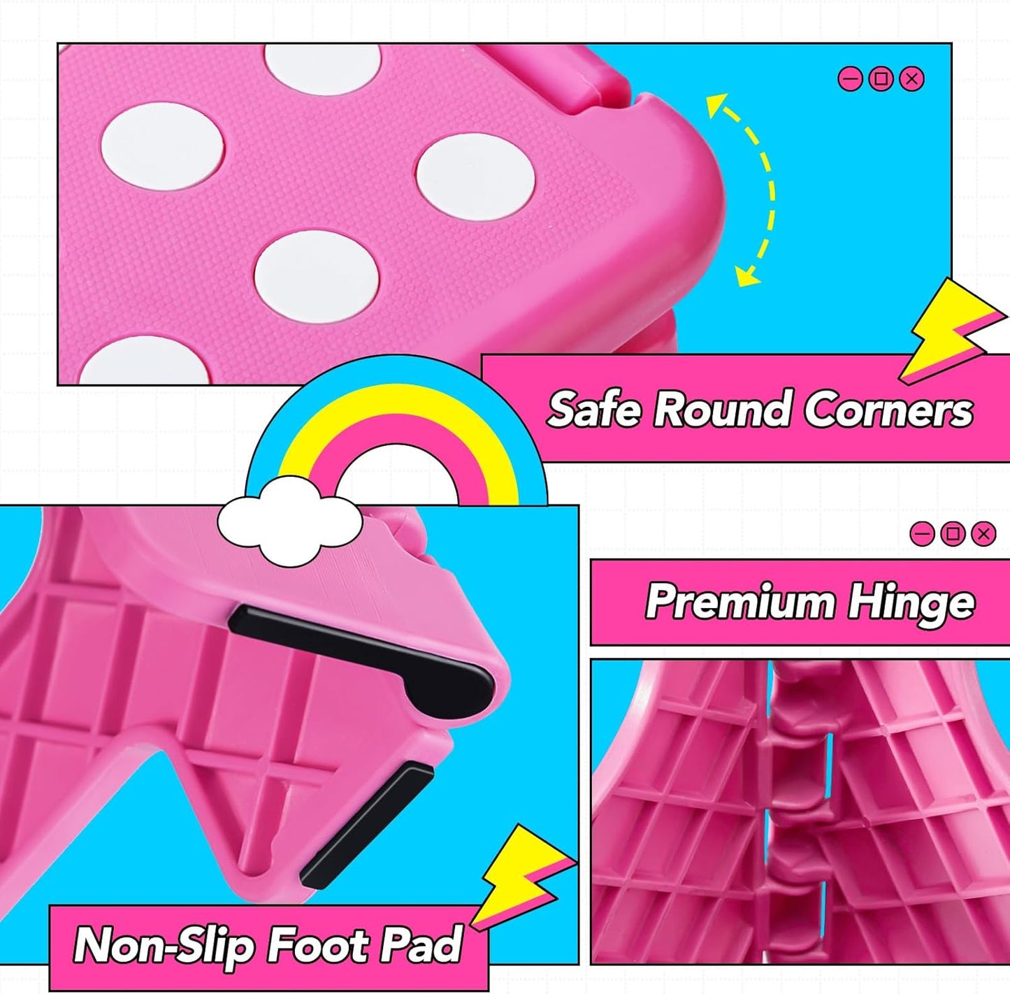 Delxo Folding Step Stool, 13 inch Non-Slip Foldable Stools for Kids & Adults Up to 300 LBS, Step Stool with Handle, Lightweight for Kitchen, Bathroom, Bedroom, Garden, Rose Pink, 1PC