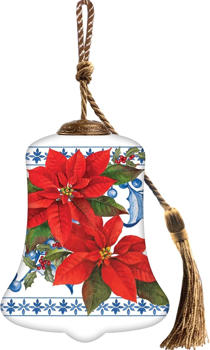 Poinsettia Ornament – Hand-Painted Glass Bell Christmas Ornament – Blue and White Holiday Design – Poinsettia Ornaments for Christmas Tree
