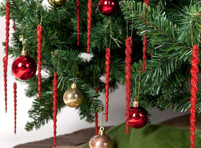 AMS Sparkling Glitter Plastic Icicle Ornaments 30 PCS Twisted Icicles Decoration Christmas Tree and Holiday Xmas Party Hanging (5.1'', Red)