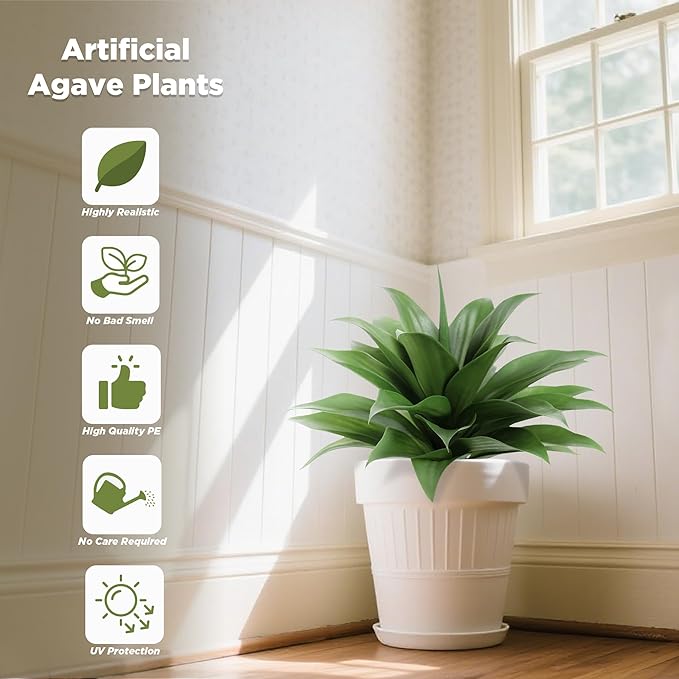 15 Inch Artificial Agave Plant with Ground Stake, Realistic Faux Succulents for Home Decor, UV-Resistant Fake Agave Plant for Indoor Outdoor Planters, Porch, Patio, Balcony, Poolside, 2 Pack