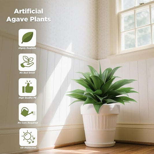 15 Inch Artificial Agave Plant with Ground Stake, Realistic Faux Succulents for Home Decor, UV-Resistant Fake Agave Plant for Indoor Outdoor Planters, Porch, Patio, Balcony, Poolside, 2 Pack