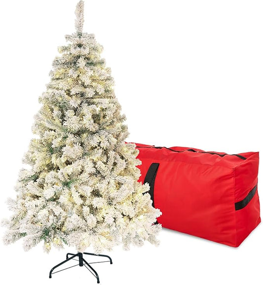 4FT Pre-Lit Snow Flocked Christmas Tree, Small Holiday Xmas Tree with 450 Branch Tips, 150 Warm Lights, Foldable Stand for Party Decoration
