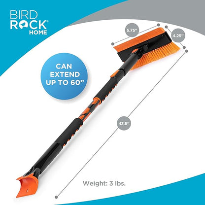 BIRDROCK HOME 60" Extendable Car Snow Brush and Ice Scraper | Lightweight Aluminum Snow Clearing Tool w/Detachable Ice Scraper w/Ergonomic Grip Design | 13" Foam & Bristle Head for Truck Car SUV RV