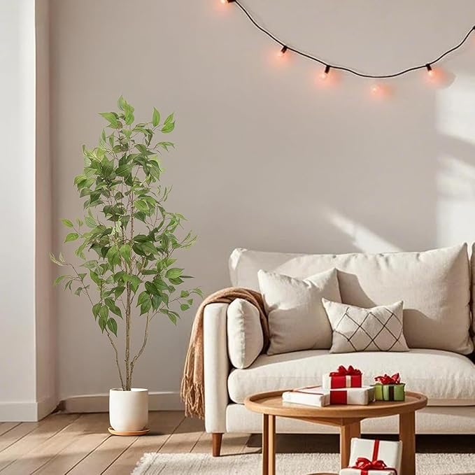 Artificial Fake Ficus Tree 5FT Tall 1Pack with White Planter & Free Moss, Artificial Plants Indoor, Artificial Trees for Home Decor Indoor, Faux Ficus Tree