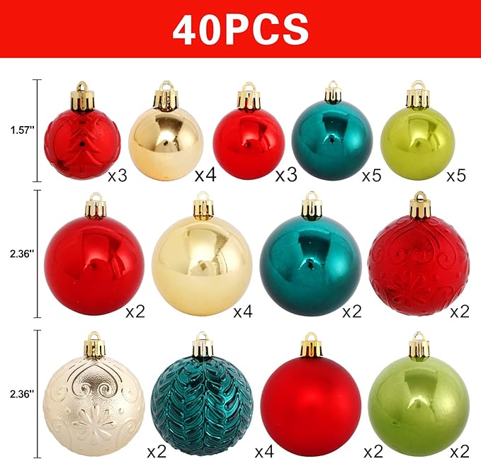 Christmas Tree Ornaments, 40pcs Christmas Ball Ornaments Set Shatterproof Christmas Tree Decorations for Xmas