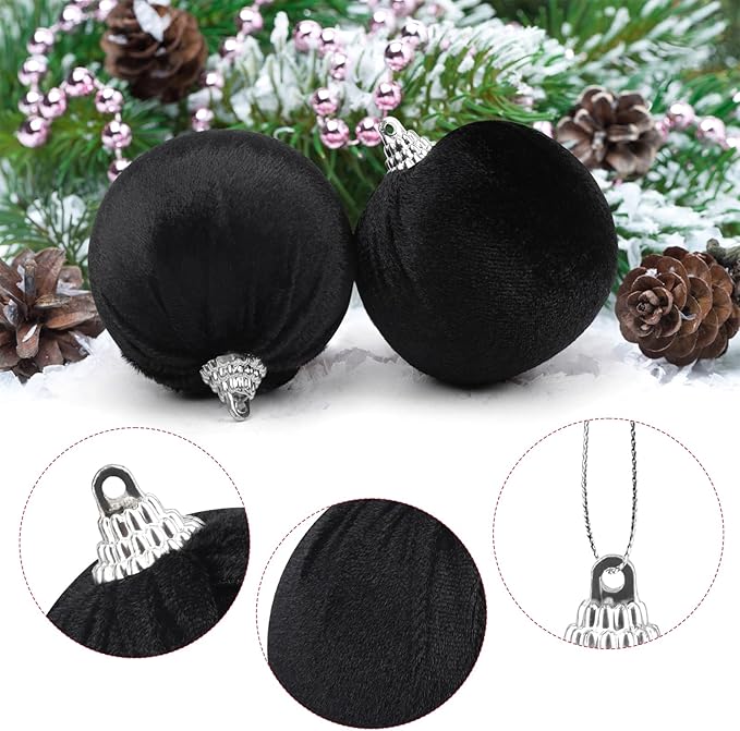 Woration 15pcs 2.36inch Velvet Christmas Ornaments Balls Set Xmas Tree Hanging Decoration Shatterproof Balls for Home Party Holiday (White, Black)