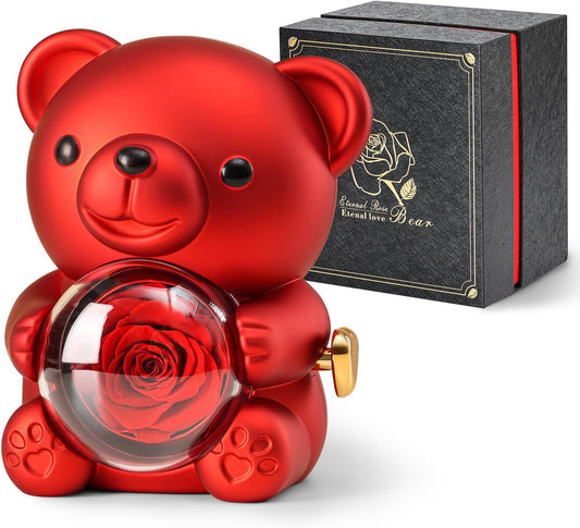 Cute Teddy Bear with Preserved Rose - A Real Rose Flower in Bear with Elegant Gift Box - Romantic Gift for Her in Mother's Day, Weddings, Anniversaries, and Bridal Showers (Red)