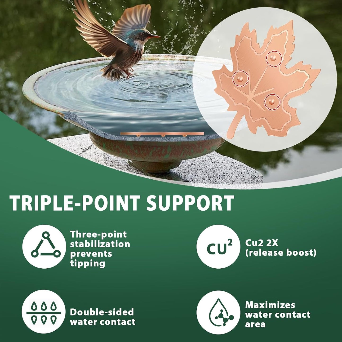 99.99% Pure Copper Bird Bath Disk, 2 Pack 0.6mm Maple Leaf Bird Bath Purification Disk with Triple-Point Support for Physical Safe Clean Water All-Season, Universal Fit for Outdoor Birdbaths, Bowl