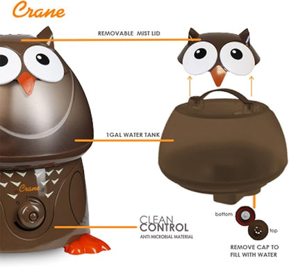 Crane Animal Humidifier for Bedroom, Ultrasonic Cool Mist for Baby Nursery, Adjustable Settings, Auto Shut-Off, Owl