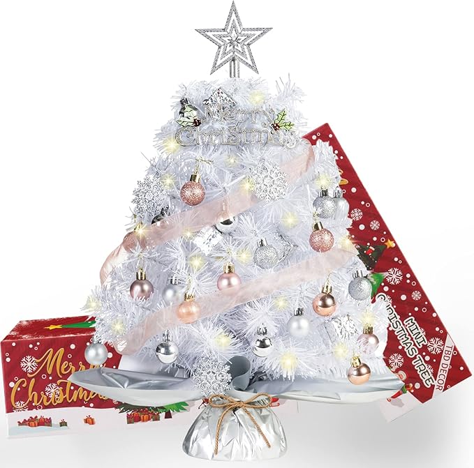20" Mini White Christmas Tree, Artificial Mini Christmas Tree with Lights, Tabletop Christmas Tree with Star Treetop Snowflake Boxes and Ball Ornaments for DIY Christmas Decoration(White)