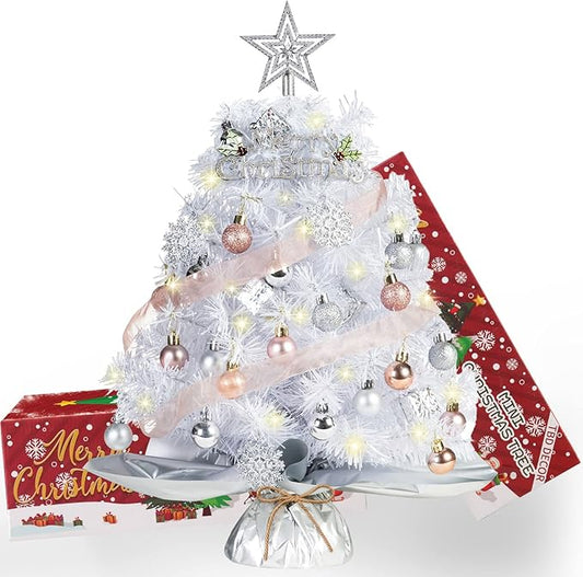 20" Mini White Christmas Tree, Artificial Mini Christmas Tree with Lights, Tabletop Christmas Tree with Star Treetop Snowflake Boxes and Ball Ornaments for DIY Christmas Decoration(White)