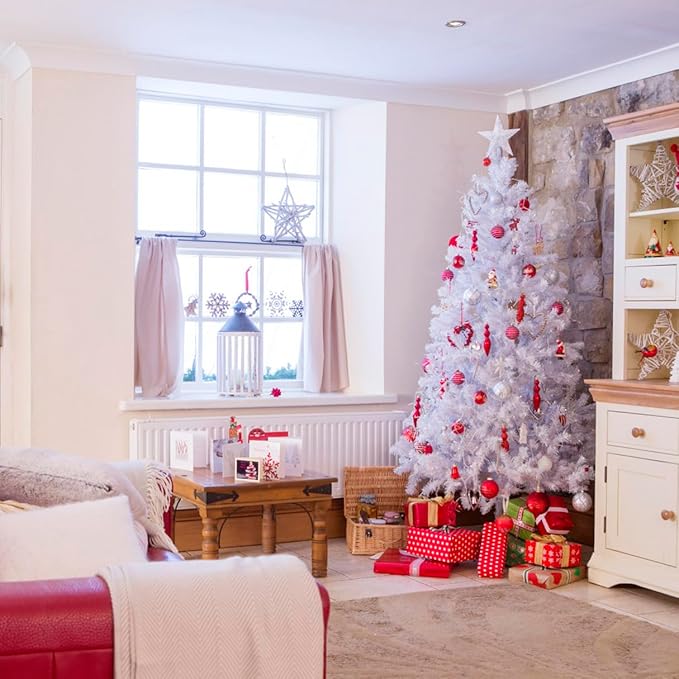 6ft White Christmas Tree, Xmas Tree Artificial Christmas White Trees with 1005 Branch Tips and Decorations(1pcs Top Star, 2set 200 Tips Battery Boxes Powered,Pencil Christmas Tree Holiday Decorations