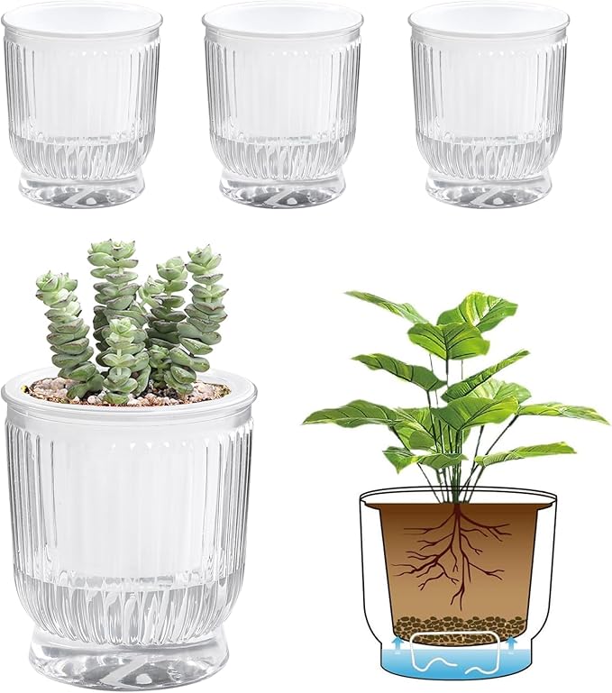 T4U 4 Inch Self Watering Plant Pot, 4 Pack Self Watering Pots, Self Watering Planter with Reservoir, Clear Self Watering Pots for Indoor Plants, African Violets, Flowers (4 Pack, 4", Clear)