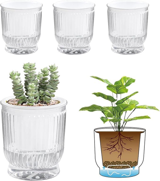 T4U 4 Inch Self Watering Plant Pot, 4 Pack Self Watering Pots, Self Watering Planter with Reservoir, Clear Self Watering Pots for Indoor Plants, African Violets, Flowers (4 Pack, 4", Clear)
