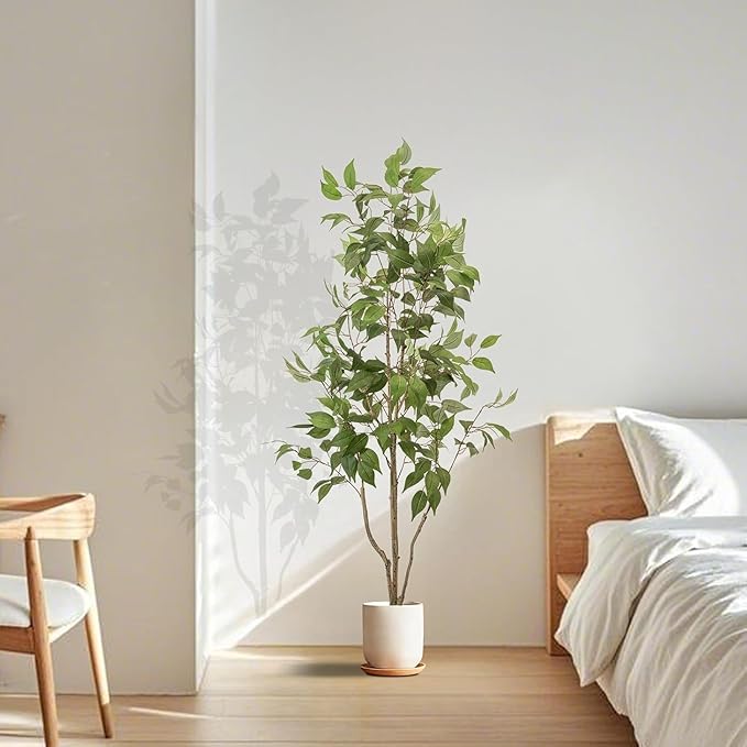 Artificial Fake Ficus Tree 5FT Tall 1Pack with White Planter & Free Moss, Artificial Plants Indoor, Artificial Trees for Home Decor Indoor, Faux Ficus Tree