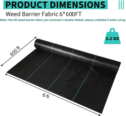 6 x 600 FT Weed Barrier Fabric,3.2 OZ Landscape Fabric,Heavy Duty PP Ground Cover for Gardening,Farming