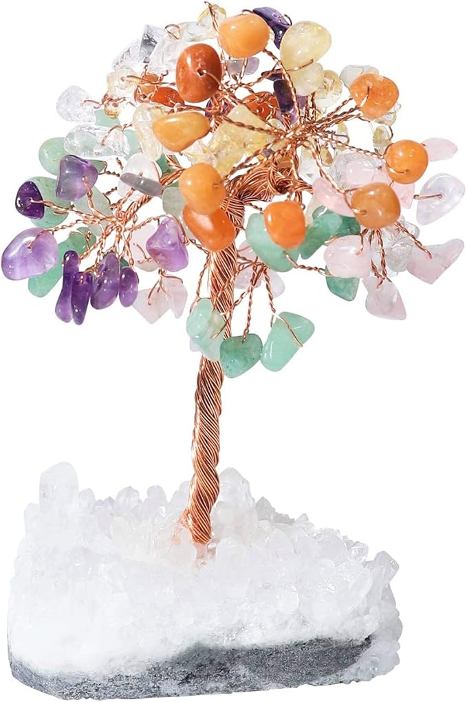 7 Chakra Crystal Tree of Life with White Aura Base Crystal Room & Home Decor, Cute Home Birthday Gifts for Men & Crystals and Healing Stones for Women Mom Gemstone Tree for Shelf & Bedroom Decor
